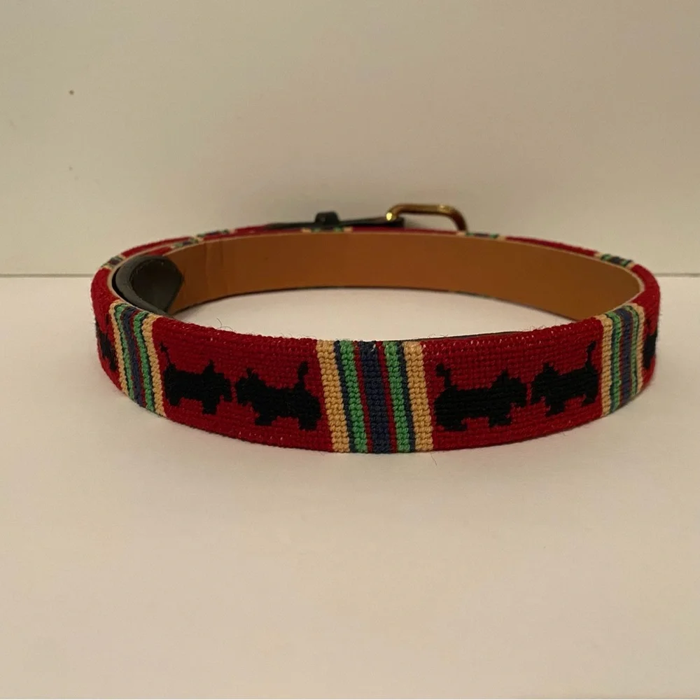 NEEDLEPOINT BELT HAND CRAFTED RED BLACK SCOTTIE DOGS TERRIER LEATHER SIZE 32